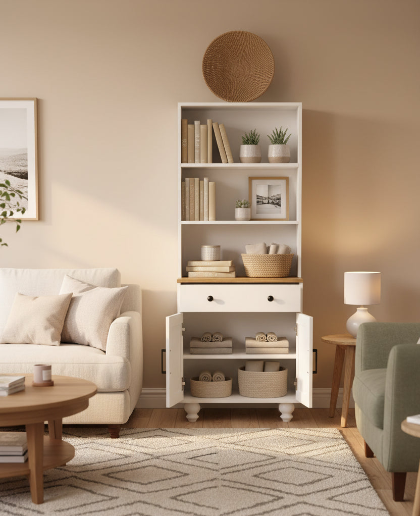 Storage Cabinet with 4 Solid Wood Gourd-Shaped Legs,Kitchen Pantry Cabinet with Adjustable Shelves,5 Tier Bookshelf with Drawer
