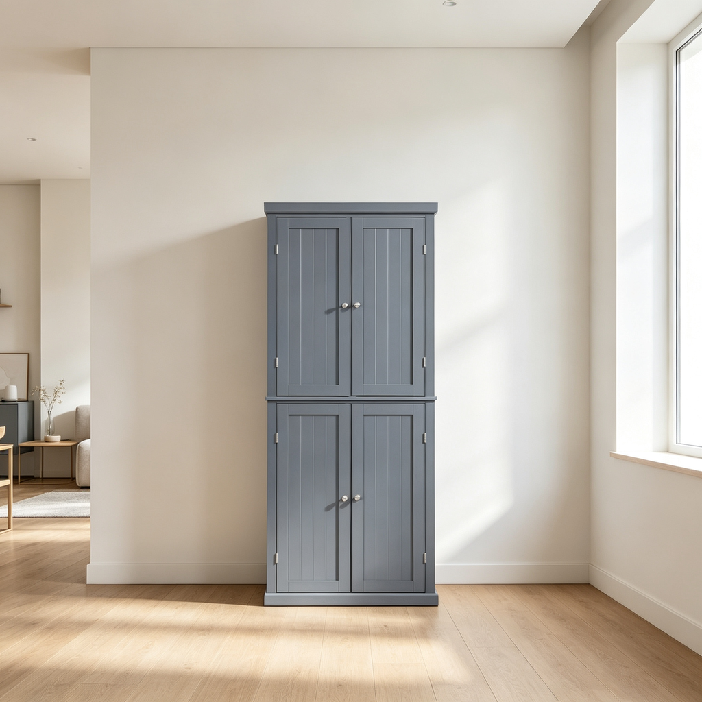 Armoire de cuisine haute autoportante, organisateur de rangement avec 4 portes et étagères réglables