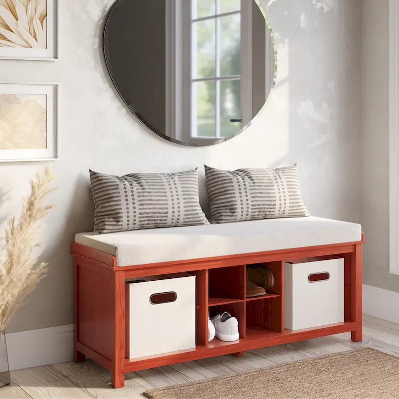 John Louis Home Solid Wood Entryway Bench with 4 Shoe Cubbies Mahogany