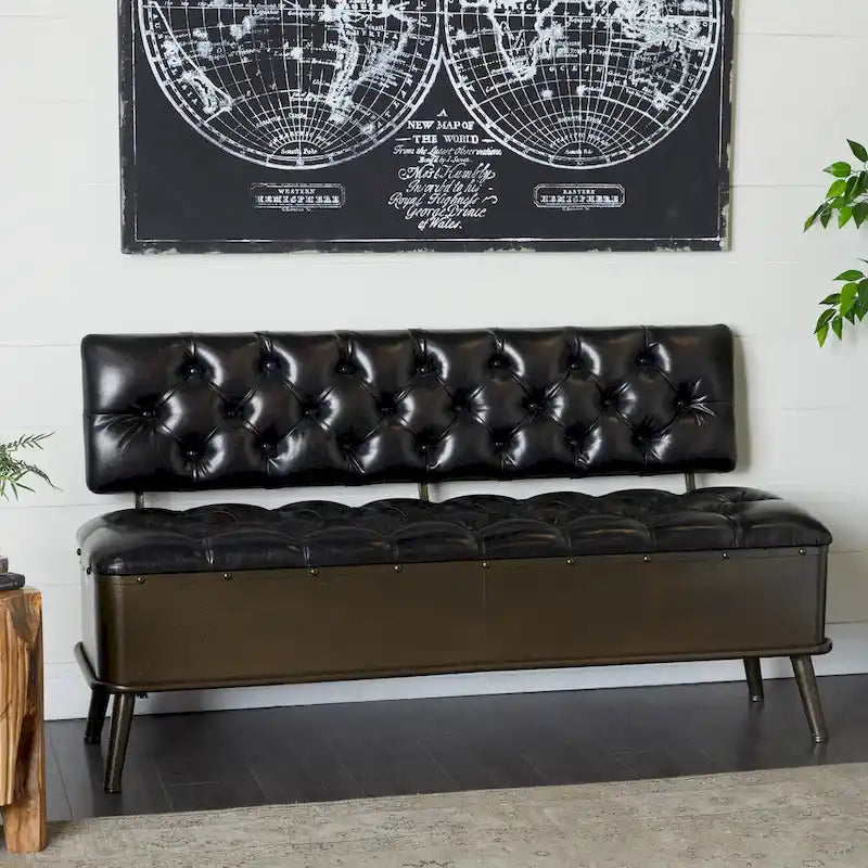 Banc de rangement en métal avec similicuir capitonné – Noir – 19L x 54P x 31H