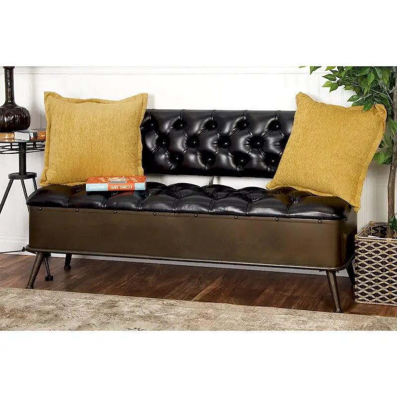 Banc de rangement en métal avec similicuir capitonné – Noir – 19L x 54P x 31H