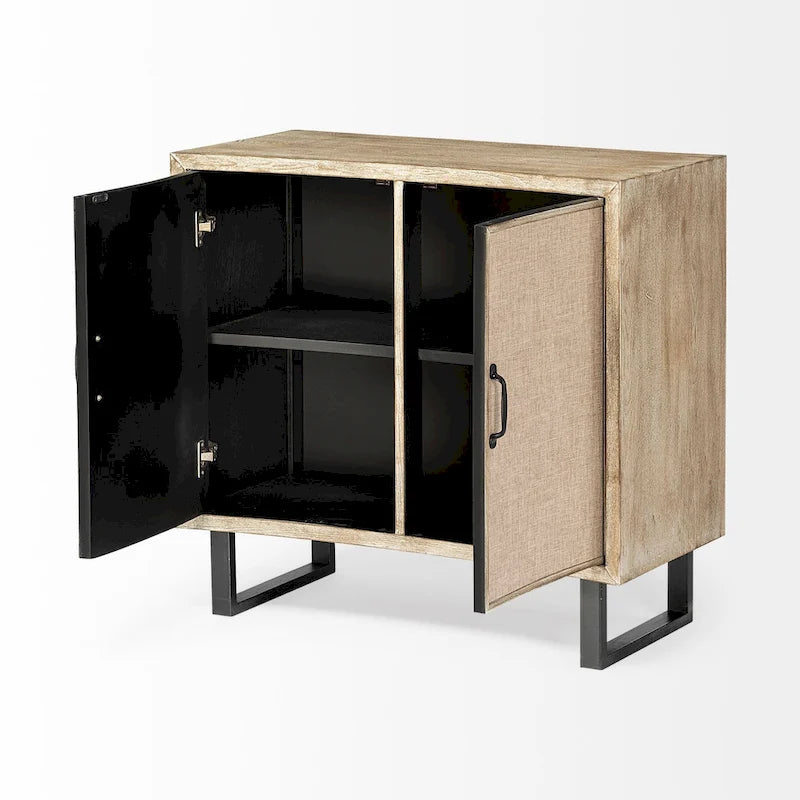 Meuble d'appoint en placage de sapin naturel et tissu avec cadre graphite et 2 portes