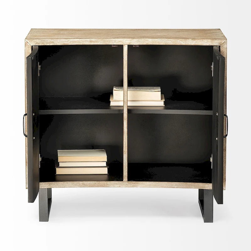 Meuble d'appoint en placage de sapin naturel et tissu avec cadre graphite et 2 portes