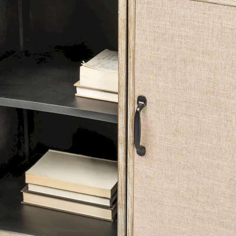 Meuble d'appoint en placage de sapin naturel et tissu avec cadre graphite et 2 portes