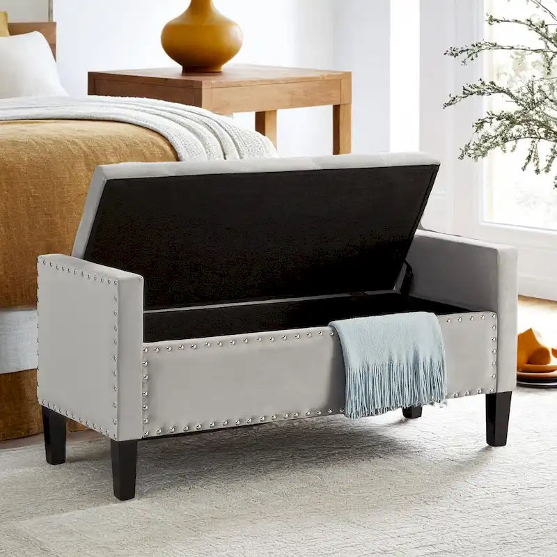 Banc de rangement capitonné avec rangement, Banc de rangement rembourré avec clous décoratifs, Tabouret de bout de lit