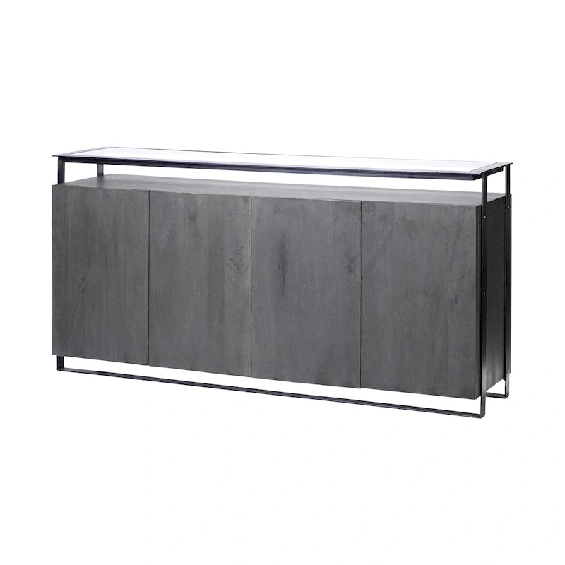 Buffet à plateau en verre et 4 portes en bois massif avec cadre métallique – 72,0L x 18,0l x 35,8H