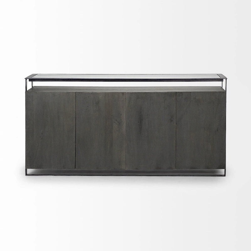 Buffet à plateau en verre et 4 portes en bois massif avec cadre métallique – 72,0L x 18,0l x 35,8H