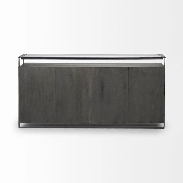 Buffet à plateau en verre et 4 portes en bois massif avec cadre métallique – 72,0L x 18,0l x 35,8H
