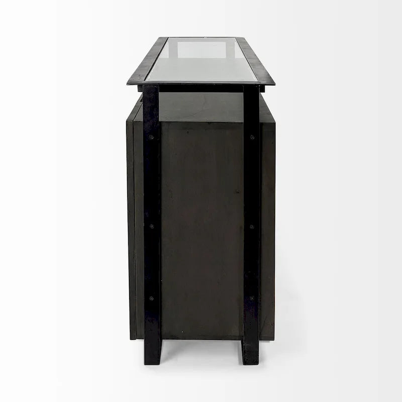 Buffet à plateau en verre et 4 portes en bois massif avec cadre métallique – 72,0L x 18,0l x 35,8H
