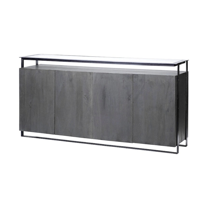 Buffet à plateau en verre et 4 portes en bois massif avec cadre métallique – 72,0L x 18,0l x 35,8H
