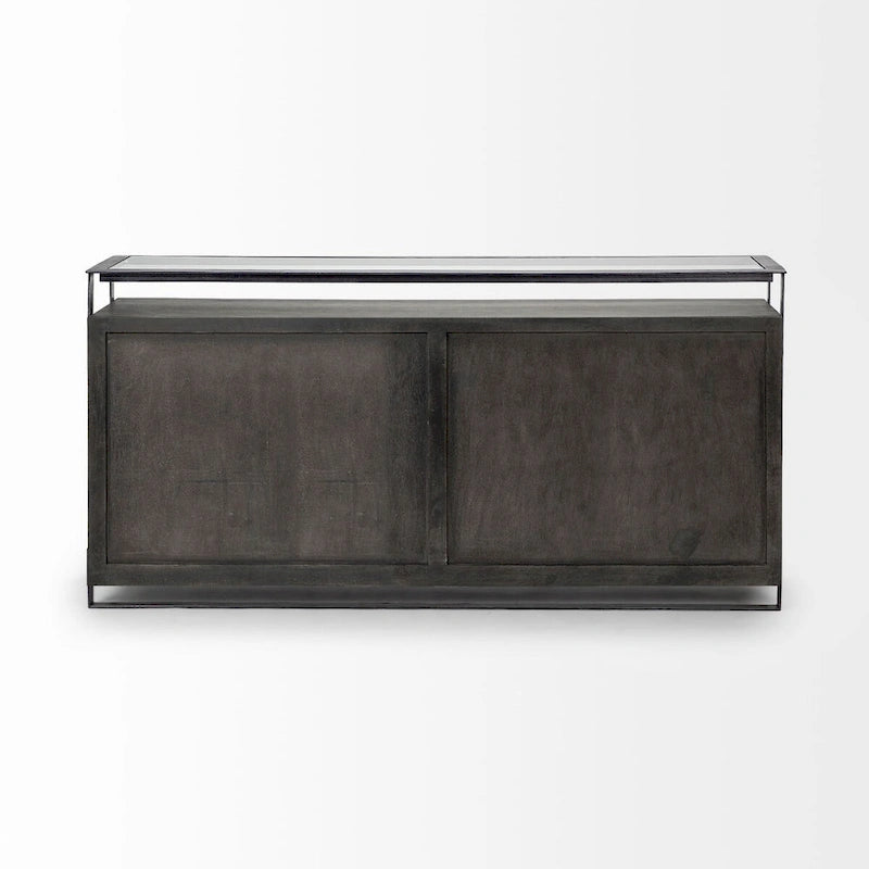 Buffet à plateau en verre et 4 portes en bois massif avec cadre métallique – 72,0L x 18,0l x 35,8H