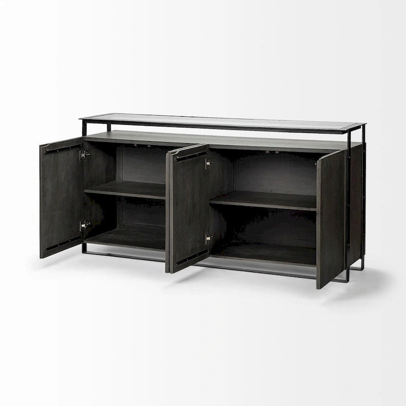 Buffet à plateau en verre et 4 portes en bois massif avec cadre métallique – 72,0L x 18,0l x 35,8H