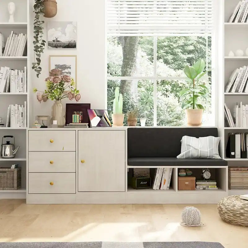 Banc à chaussures blanc avec coussin noir et tiroirs de rangement réglables