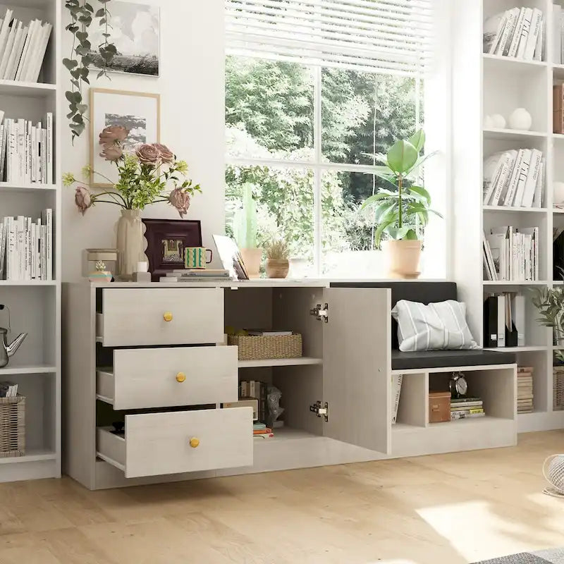 Banc à chaussures blanc avec coussin noir et tiroirs de rangement réglables