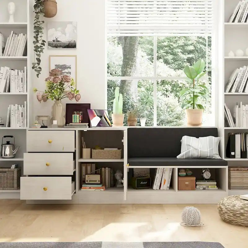 Banc à chaussures blanc avec coussin noir et tiroirs de rangement réglables