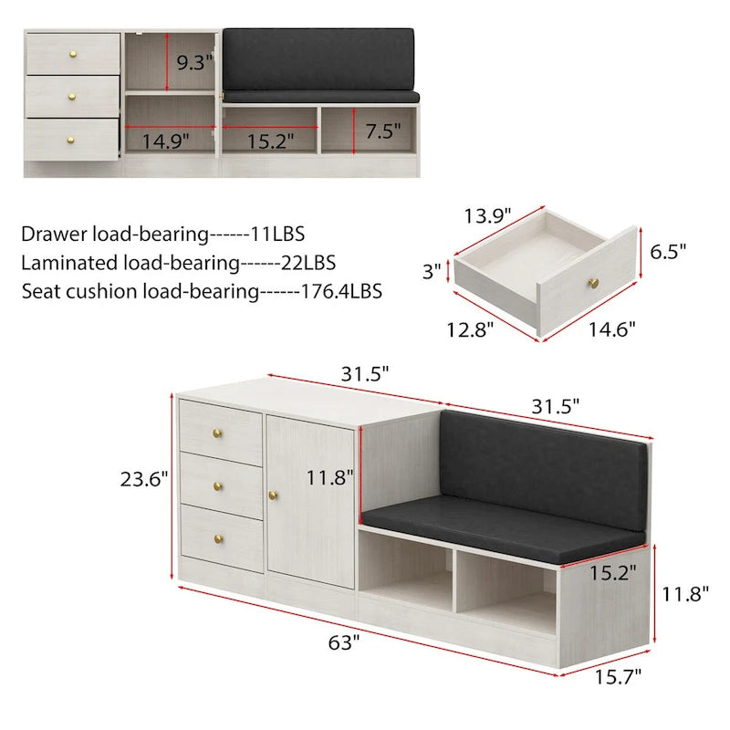 Banc à chaussures blanc avec coussin noir et tiroirs de rangement réglables