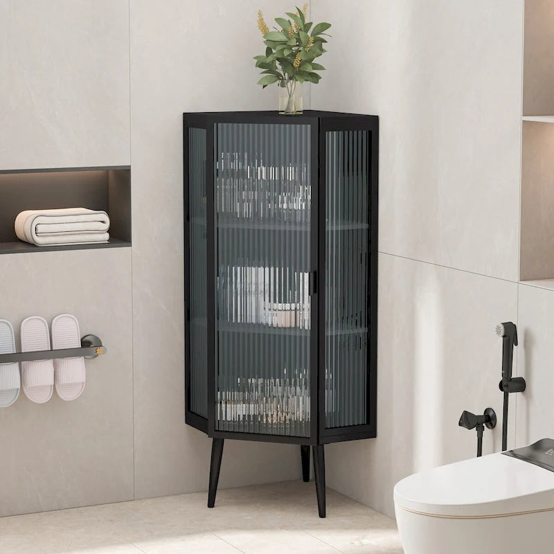 Meuble d'angle 22,25 pour salle de bain, salon et chambre à coucher, trois niveaux avec portes en verre trempé et étagères de rangement