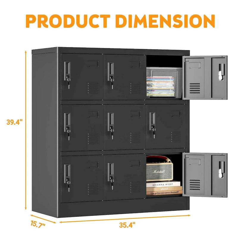 Casier de rangement à 9 portes pour employés, casiers métalliques pour bureau, salle de sport, école et maison avec fente pour carte (noir)