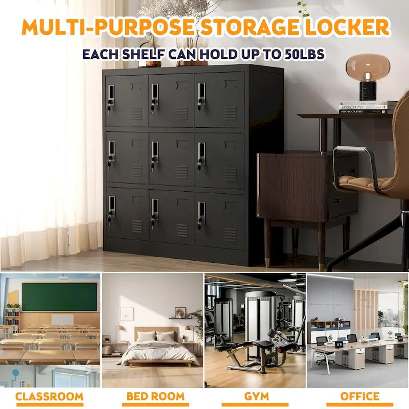 Casier de rangement à 9 portes pour employés, casiers métalliques pour bureau, salle de sport, école et maison avec fente pour carte (noir)